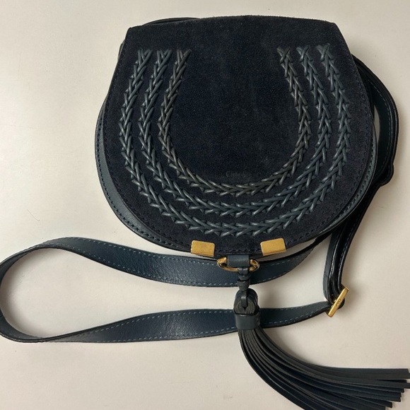 Chloe Marcie Crossbody Saddle Bag Midnight Blue Suede with tassel. - Picture 8 of 12